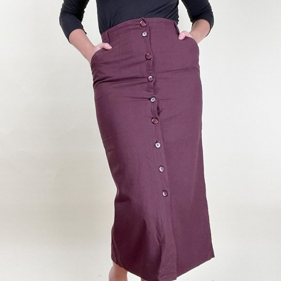 Vintage 100% Silk Midi Skirt Column Straight Cut Slit High Rise Waist Button Up - Picture 3 of 7